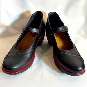 NAOT Sz 7 Wedges Mary Jane Shoes With Red Accent and Trim Hook & Eye Closure